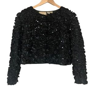 Vintage Black Satin Sequin cropped Lightweight Cardigan Jacket Cover Sweater